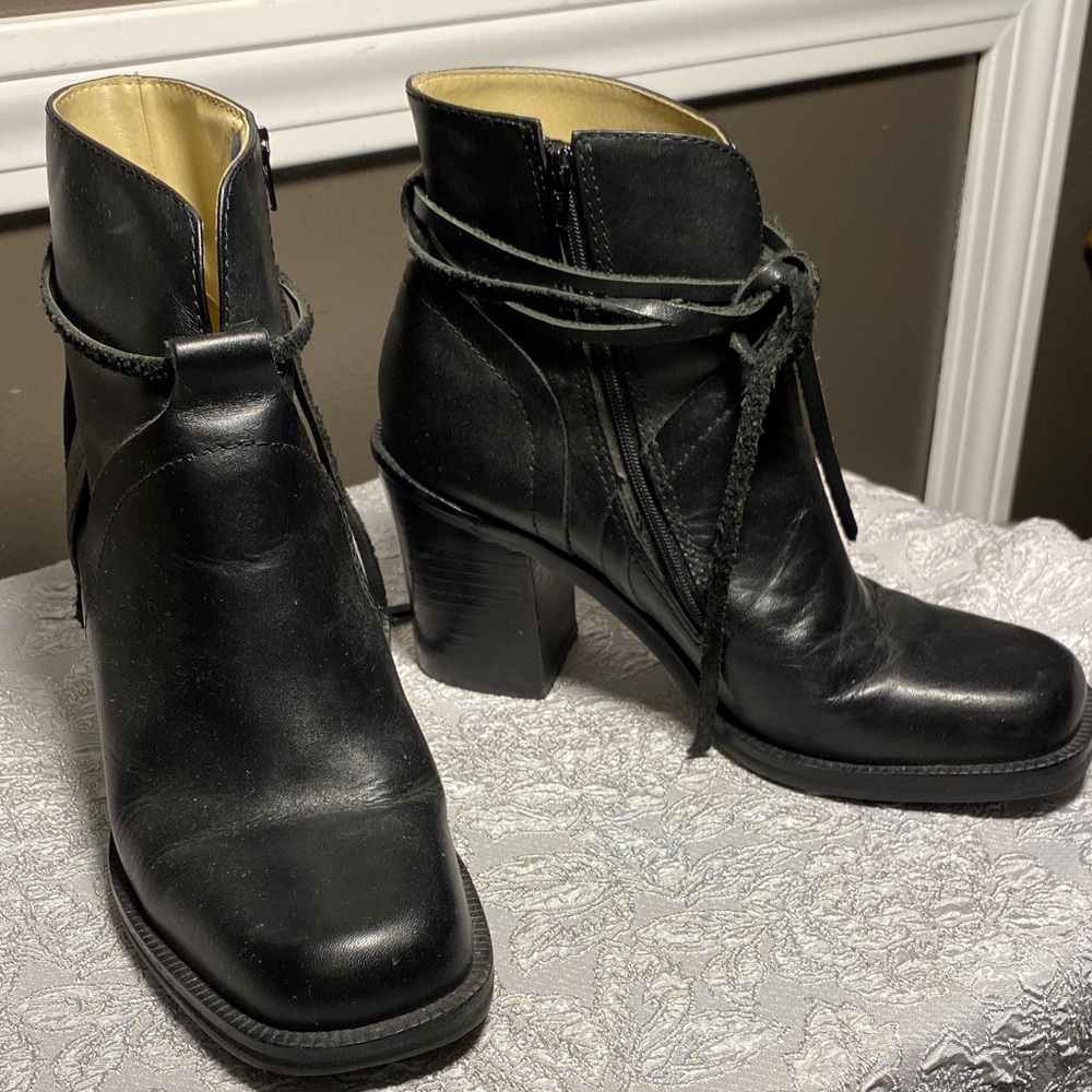 Mia Black Leather Ankle Boots with Leather Tie Detail & 3 In" Heel